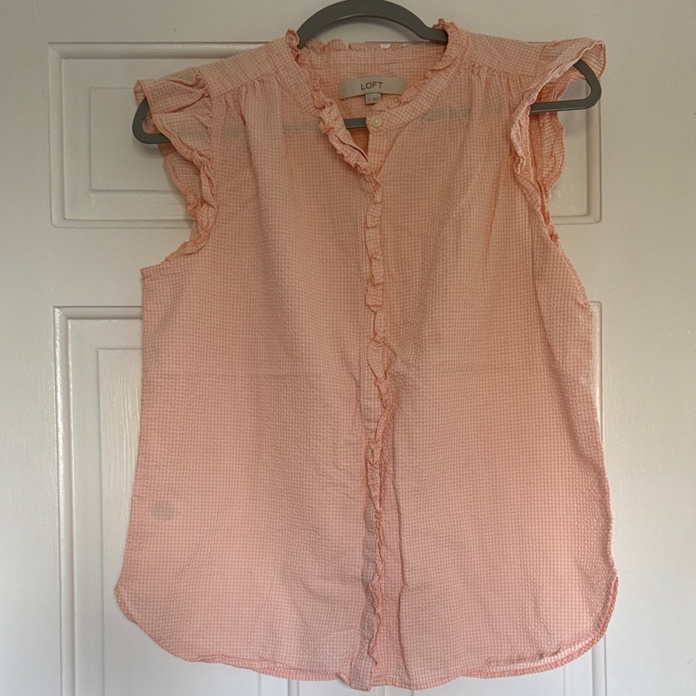LOFT Peach Button Down Ruffle Top